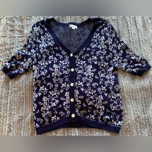 Gemma + Jane Floral Navy Blue Women's short sleeve Sweater, size Medium